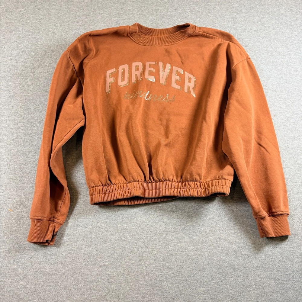 H&M Sweatshirt Girls 12-14 Orange Forever Kindness Elastic Hem Graphic Fleece